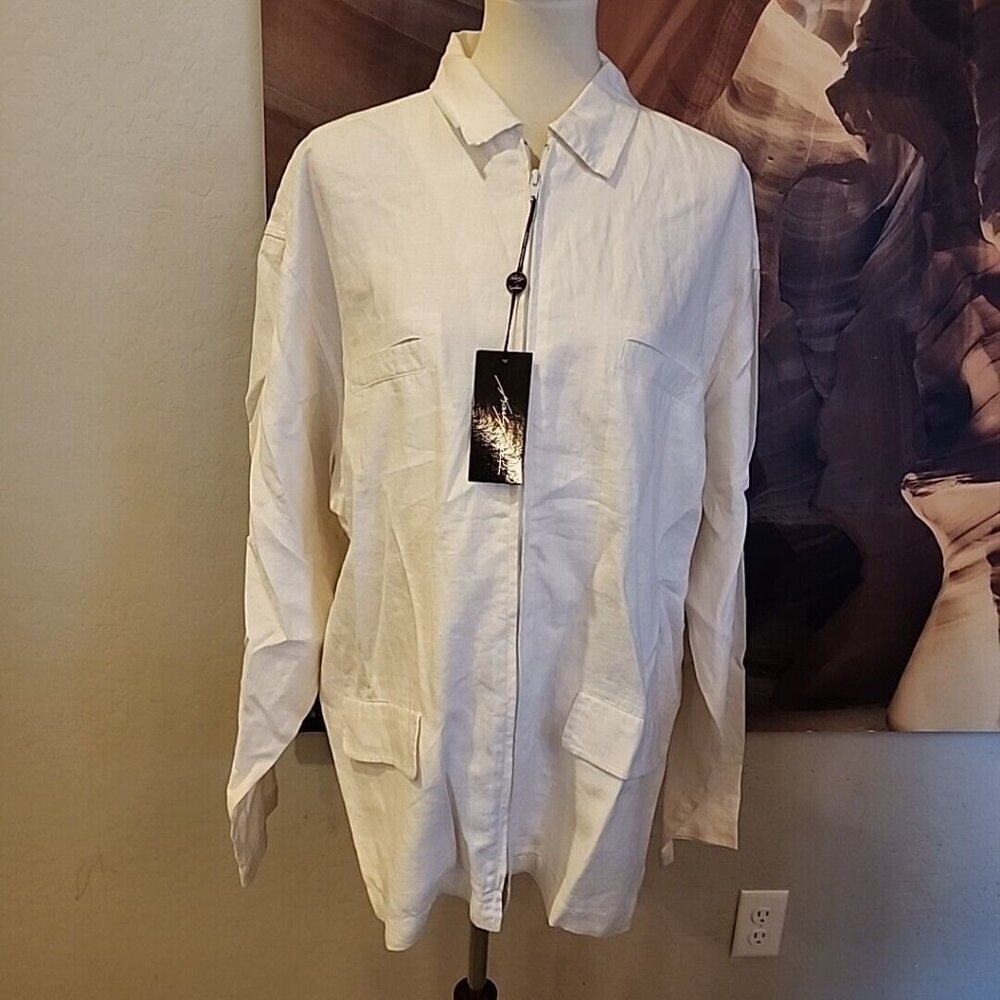 Karl Kani White Linen Zip Up Shirt XL NWT Long Sleeve Collar Made In Hong Kong